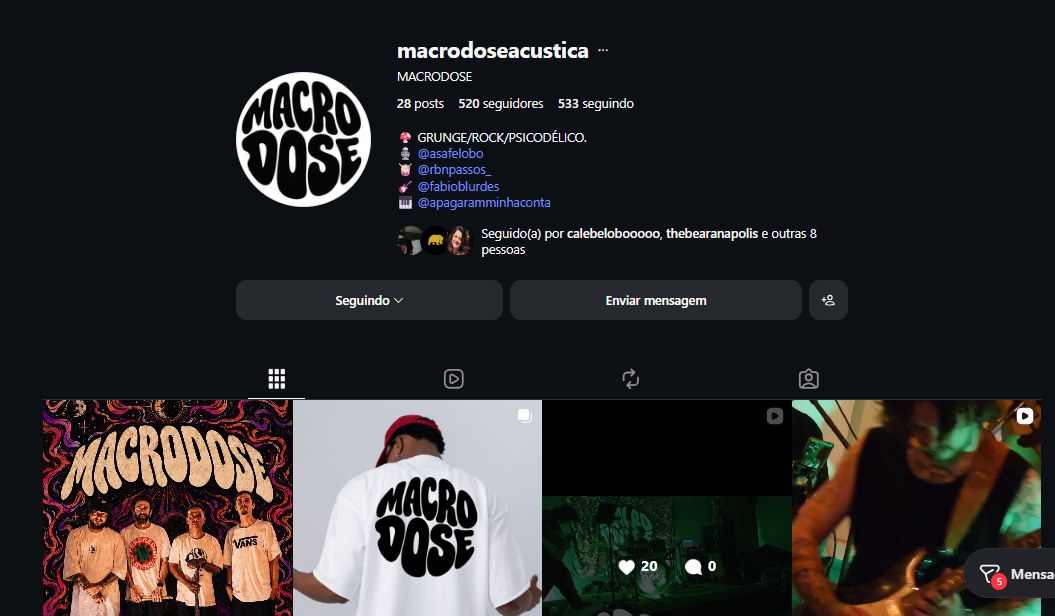 Print do perfil @macrodoseacustica: 520 seguidores, 28 posts, bio com o gênero e os integrantes