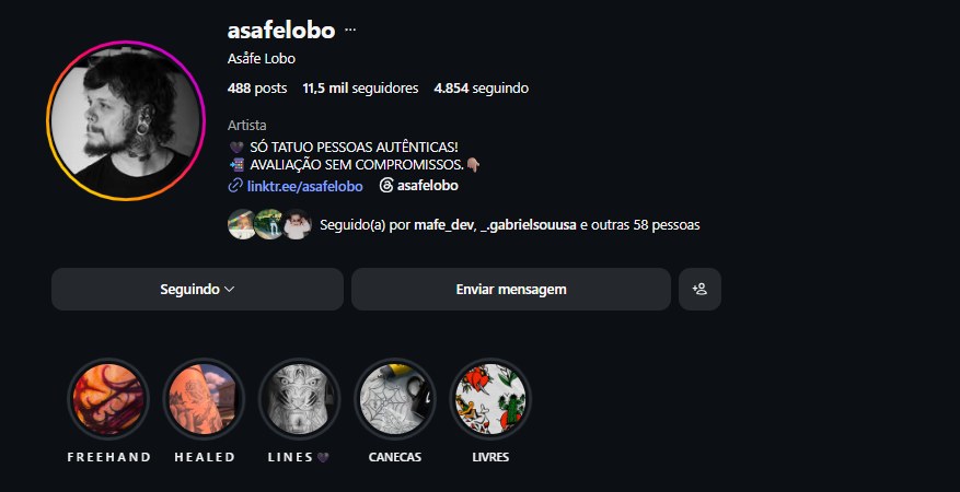 Print do perfil @asafelobo com bio e destaques FREEHAND, HEALED, LINES, CANECAS e LIVRES