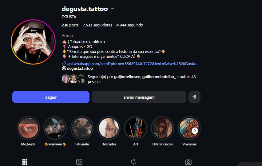 Print do perfil @degusta.tattoo com bio, link de WhatsApp e destaques